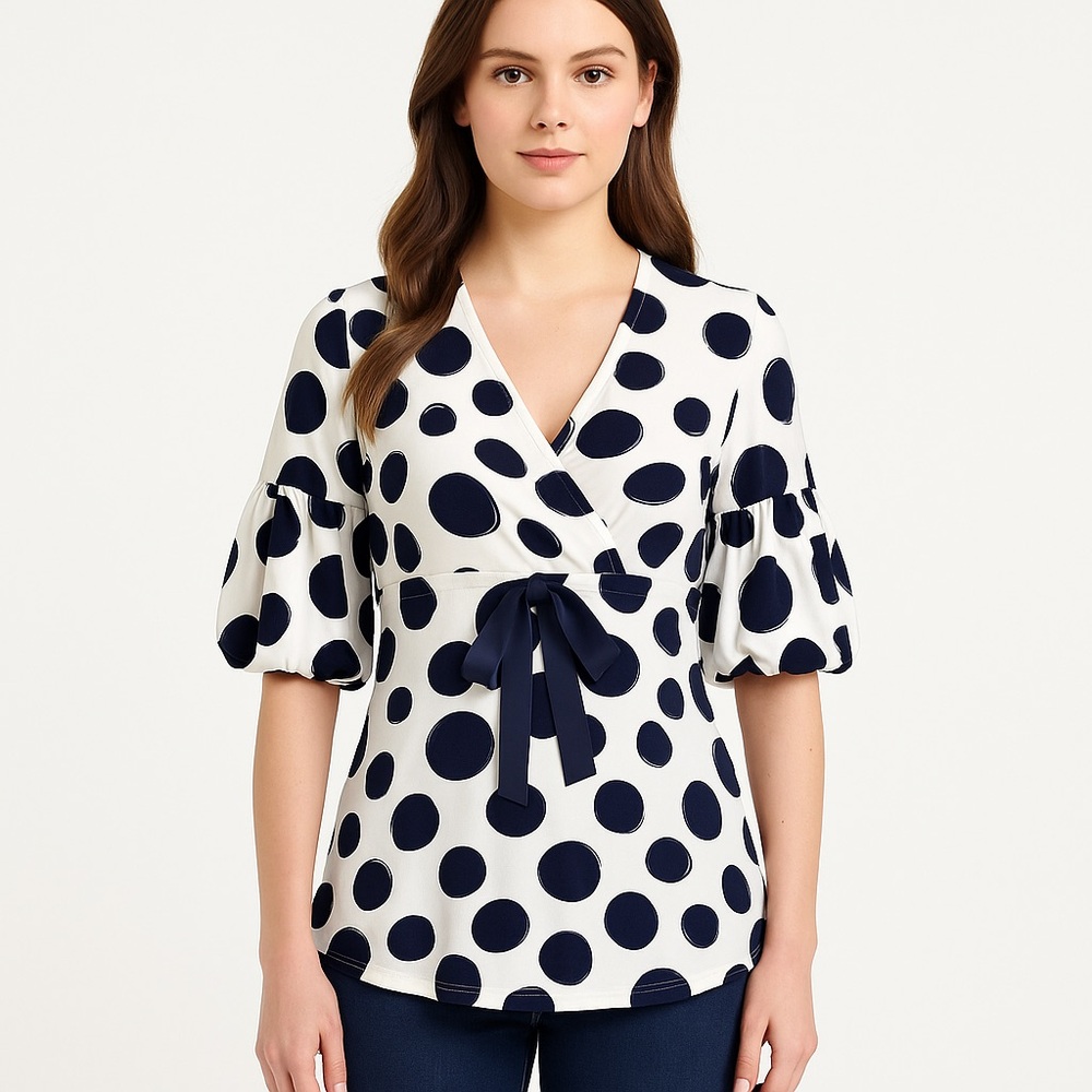 Sem Per Lei jersey top ecru white navy blue V wrap neck balloon sleeve 40 medium